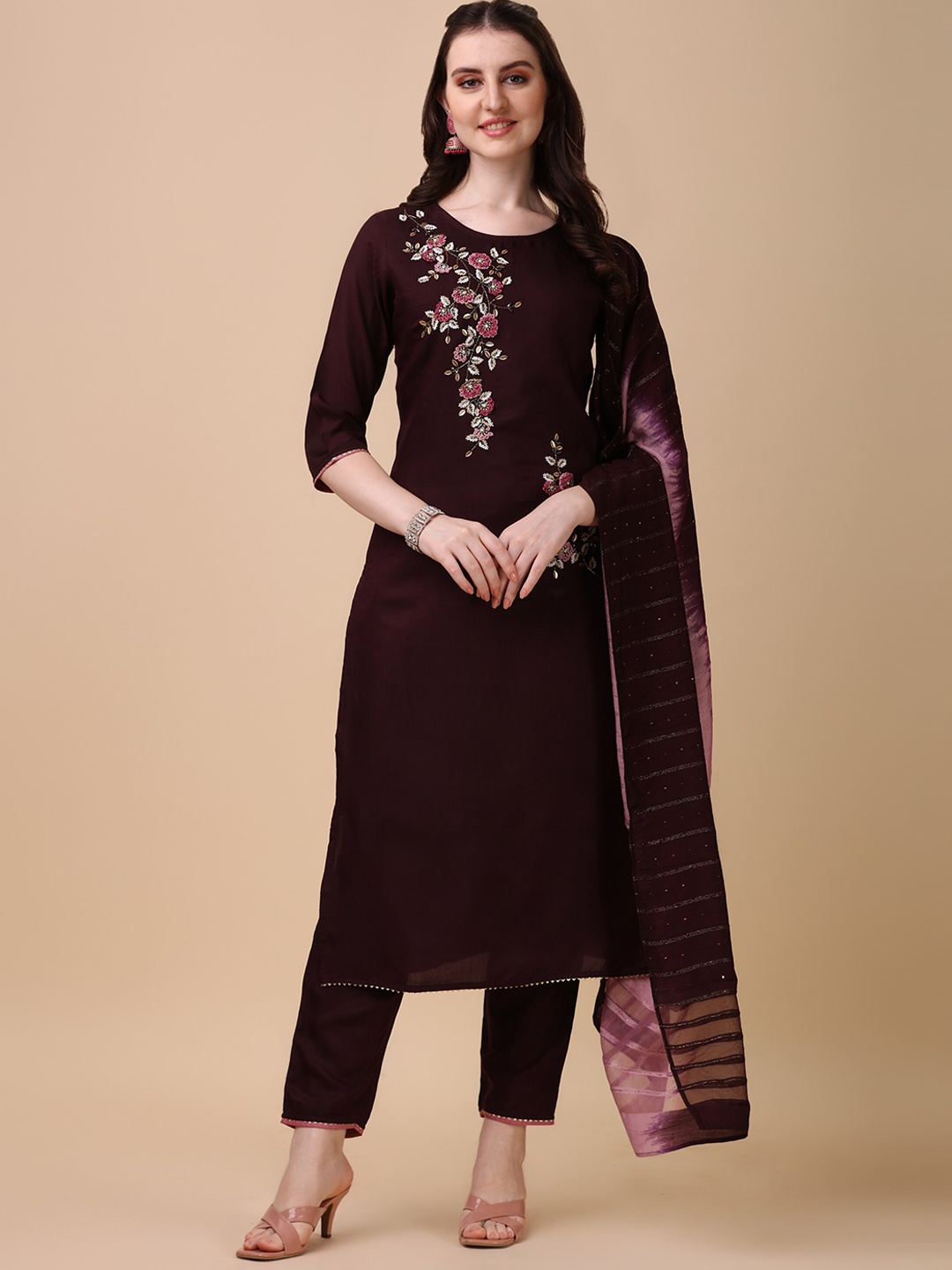 

Berrylicious Women Magenta Embroidered Chanderi Cotton Kurta with Trousers & Dupatta