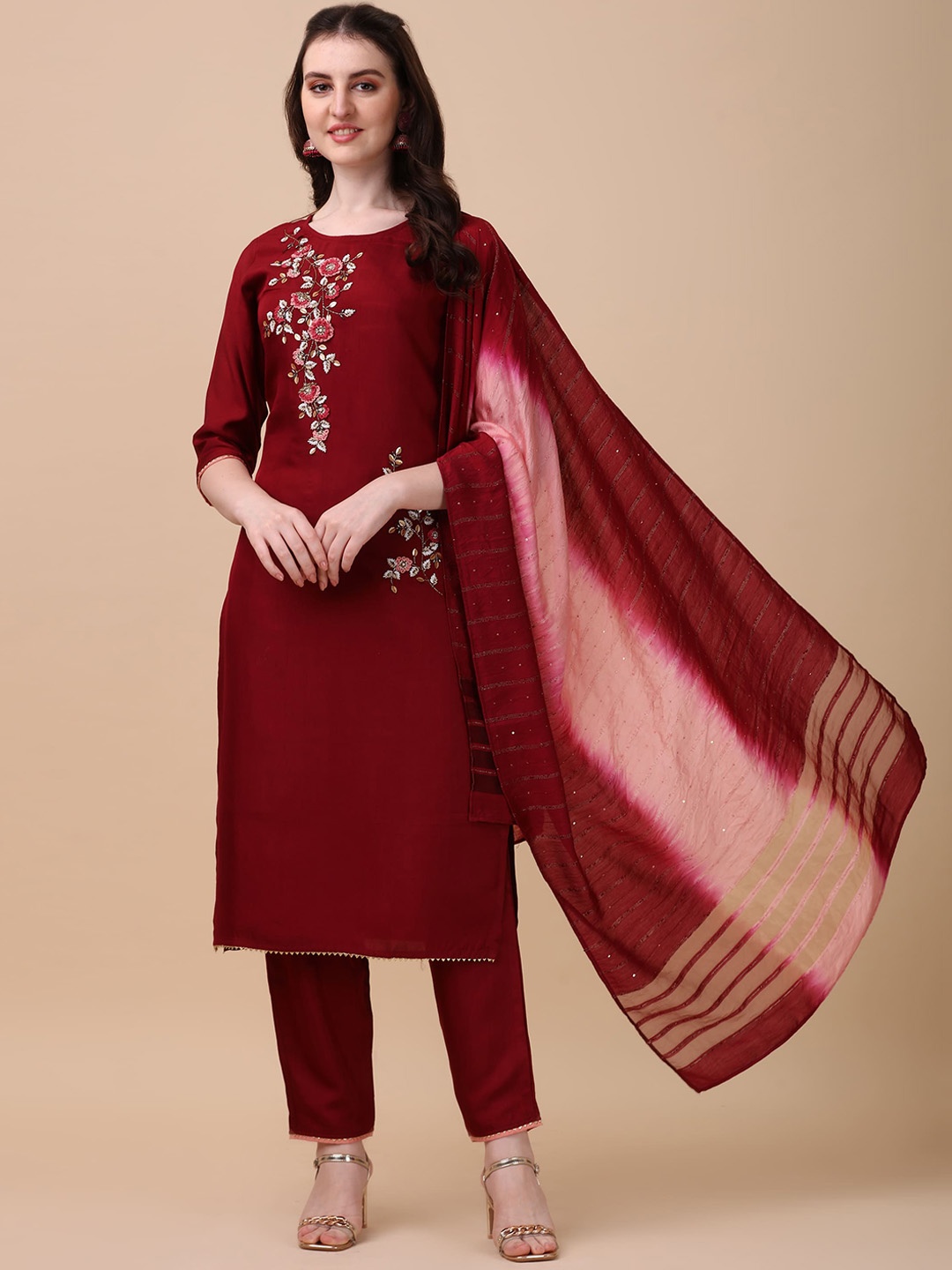 

Berrylicious Women Maroon Embroidered Chanderi Cotton Kurta with Trousers & Dupatta