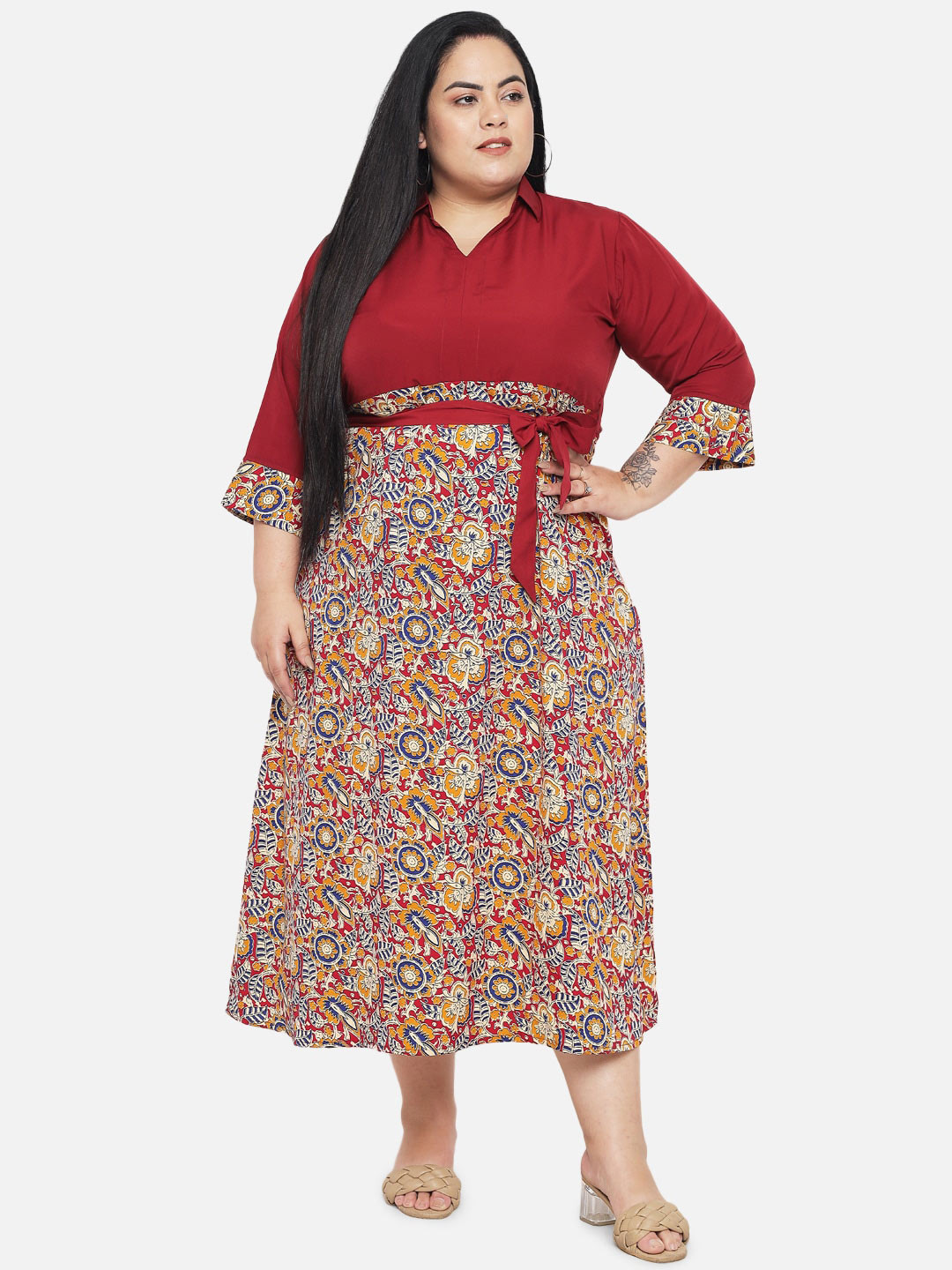 

Indietoga Plus Size Maroon & Beige Floral Crepe A-Line Midi Dress