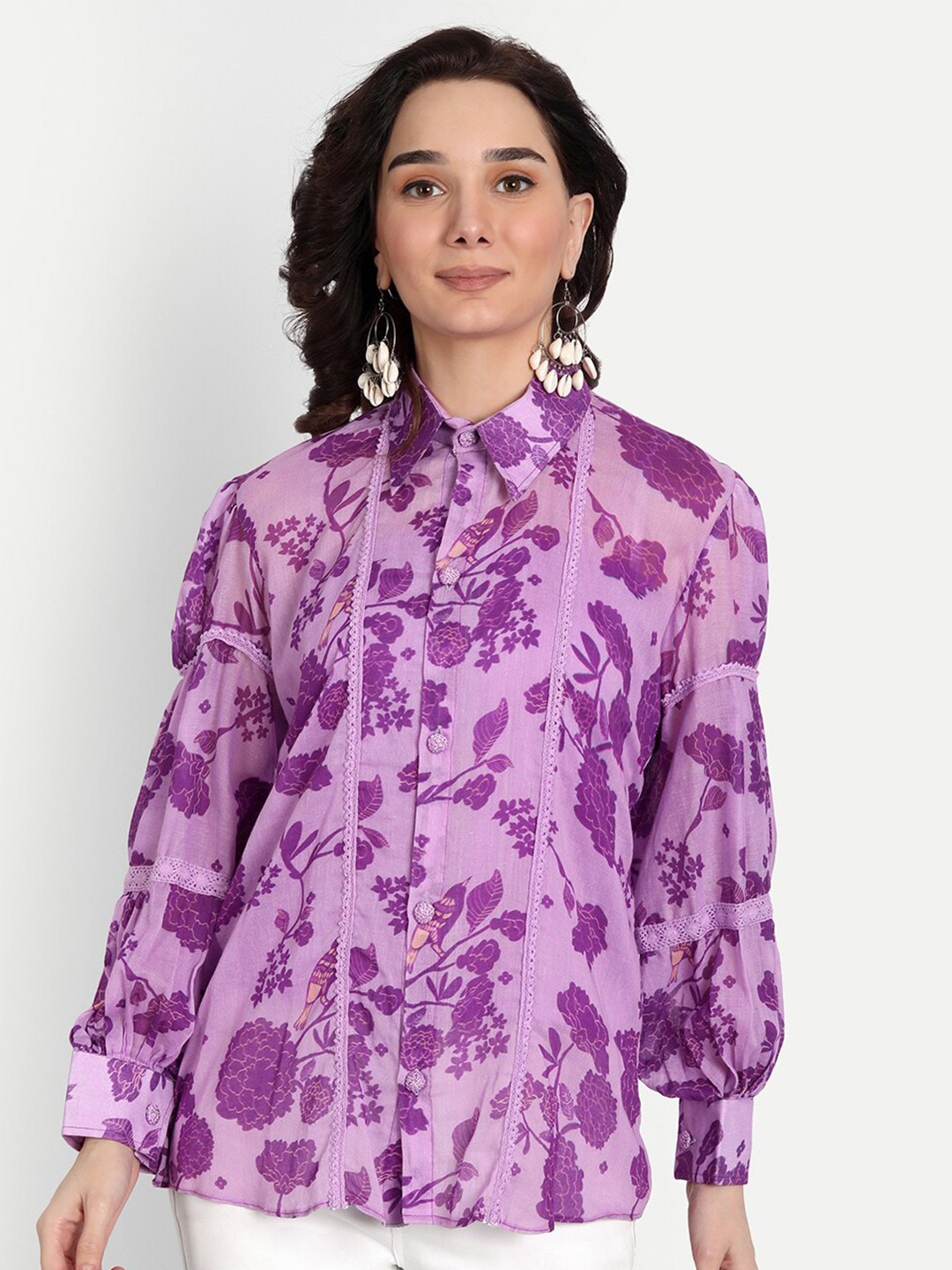 

KAPASRITI Women Purple Boxy Semi Sheer Printed Casual Shirt