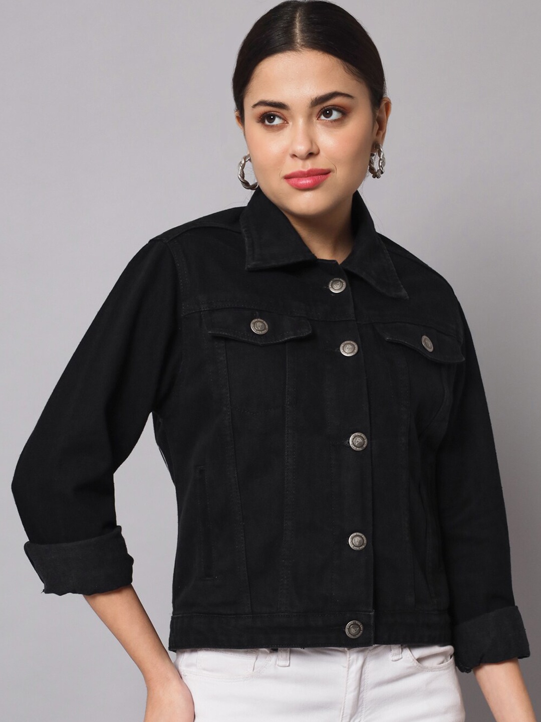 The Dry State Women Black Typography Printed Lightweight Crop Denim Jacket