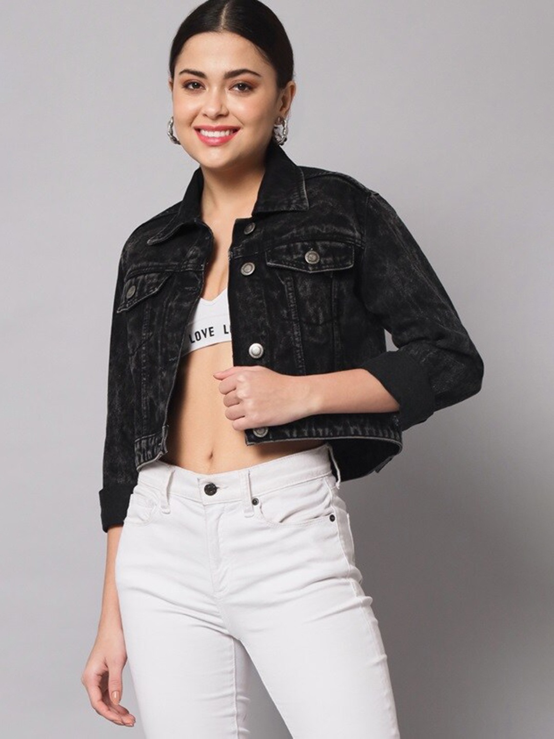 

The Dry State Women Black Washed Lightweight Crop Denim Jacket