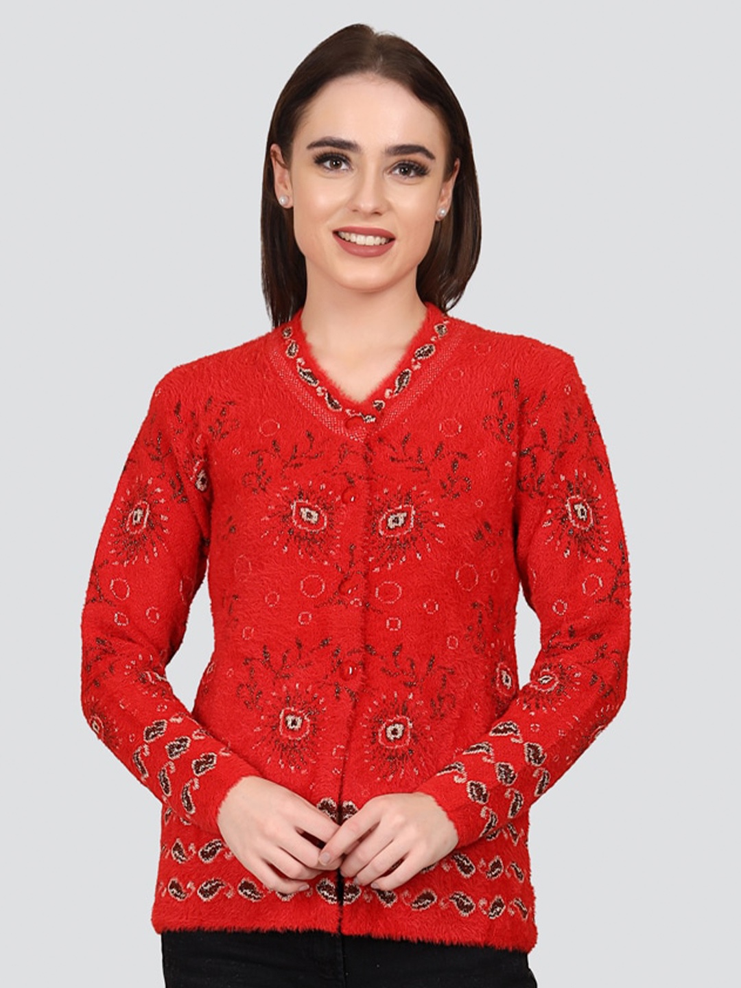 

Arshiya Women Red & Off White Floral Cardigan