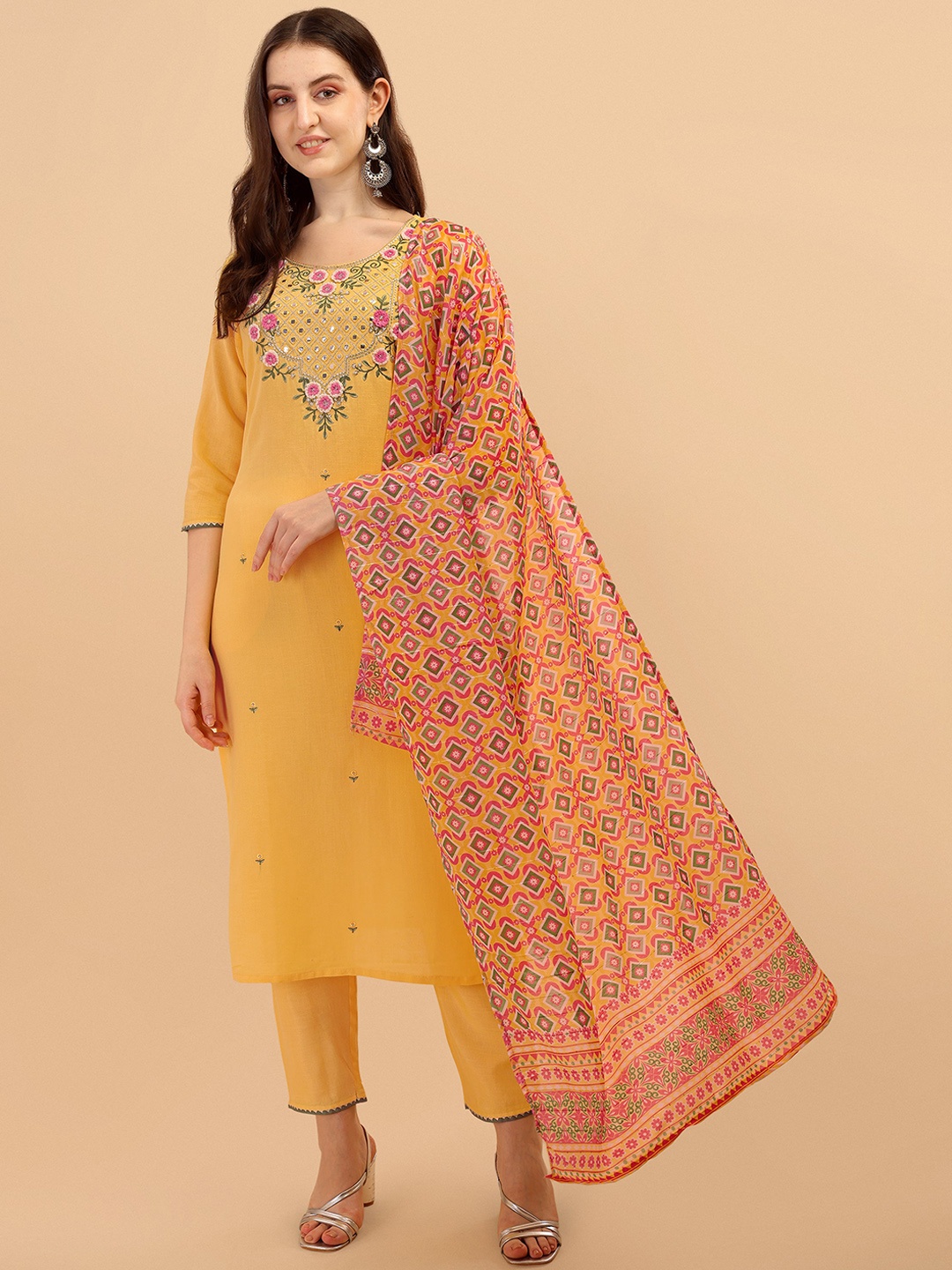 

Berrylicious Women Yellow Floral Embroidered Mirror Work Kurta with Trousers & Dupatta