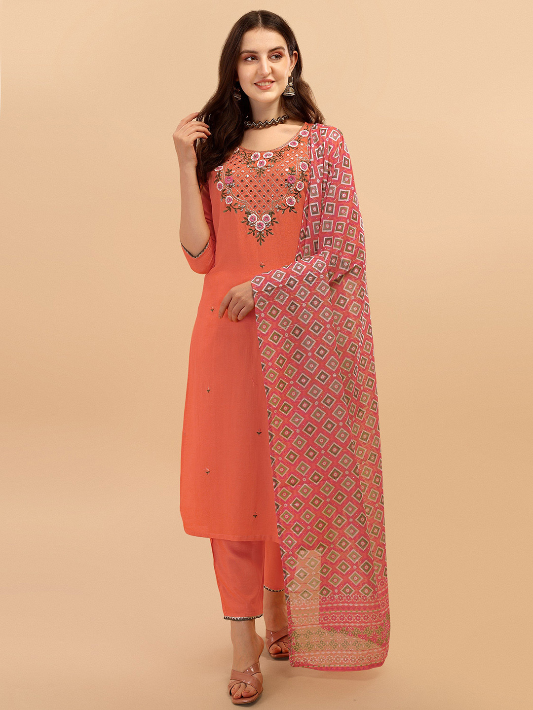 

Berrylicious Women Orange Embroidered Thread Work Kurta with Trousers & With Dupatta