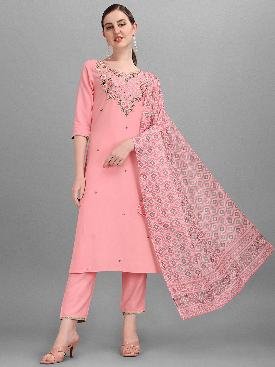 

Berrylicious Women Pink Floral Embroidered Mirror Work Kurta with Trousers & Dupatta