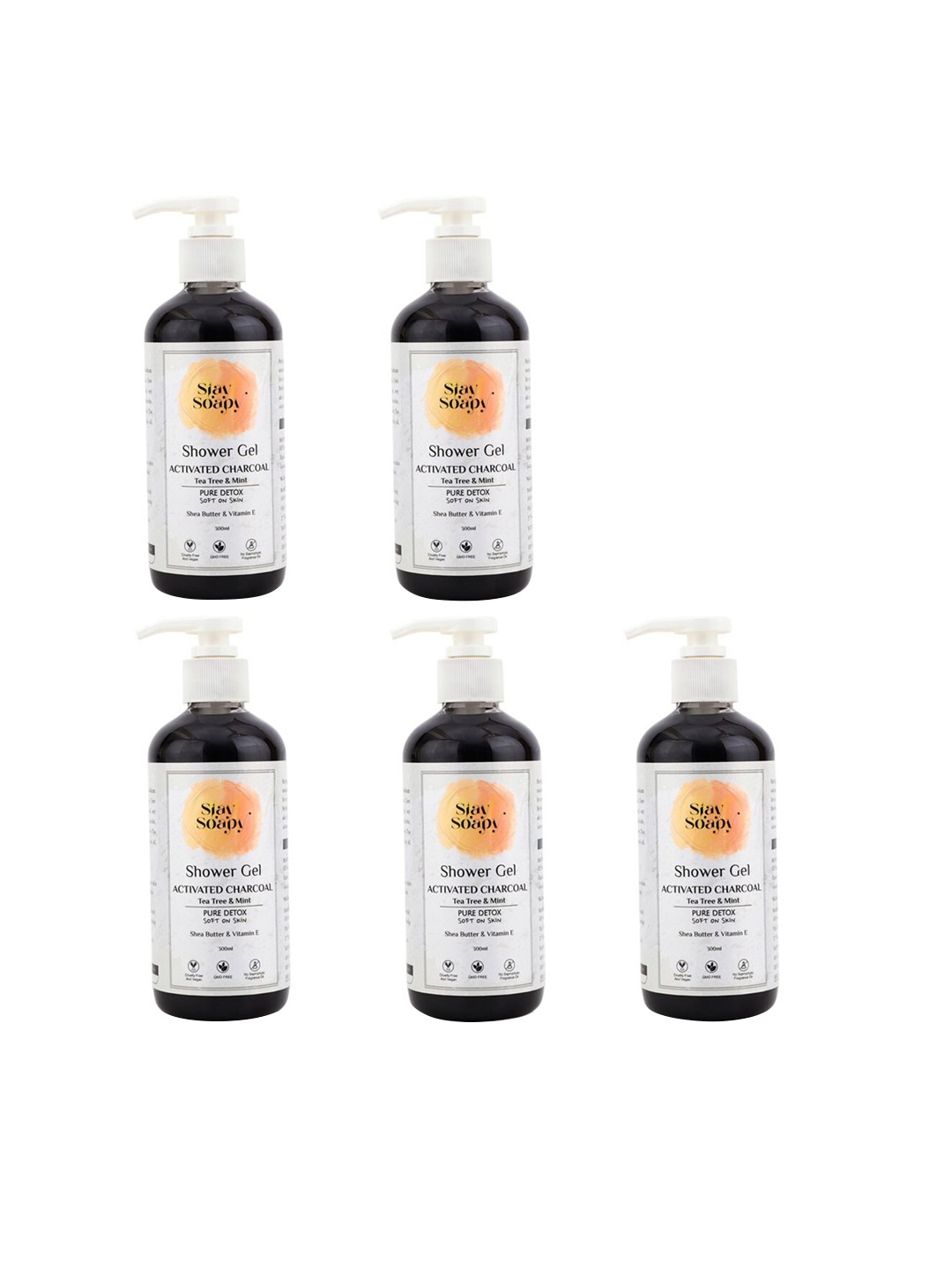 

Stay Soapy Set Of 5 Activated Charcoal with Tea Tree & Mint Shower Gel 300ml Each, White