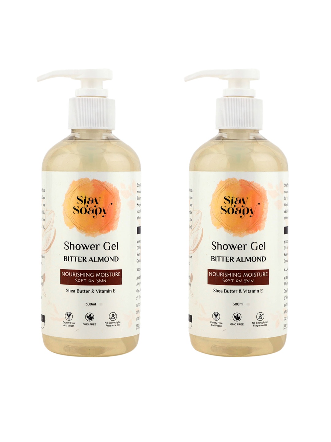 

Stay Soapy Set Of 2 Bitter Almond with Shea Butter & Vitamin E Shower Gel 300 ml Each, Transparent