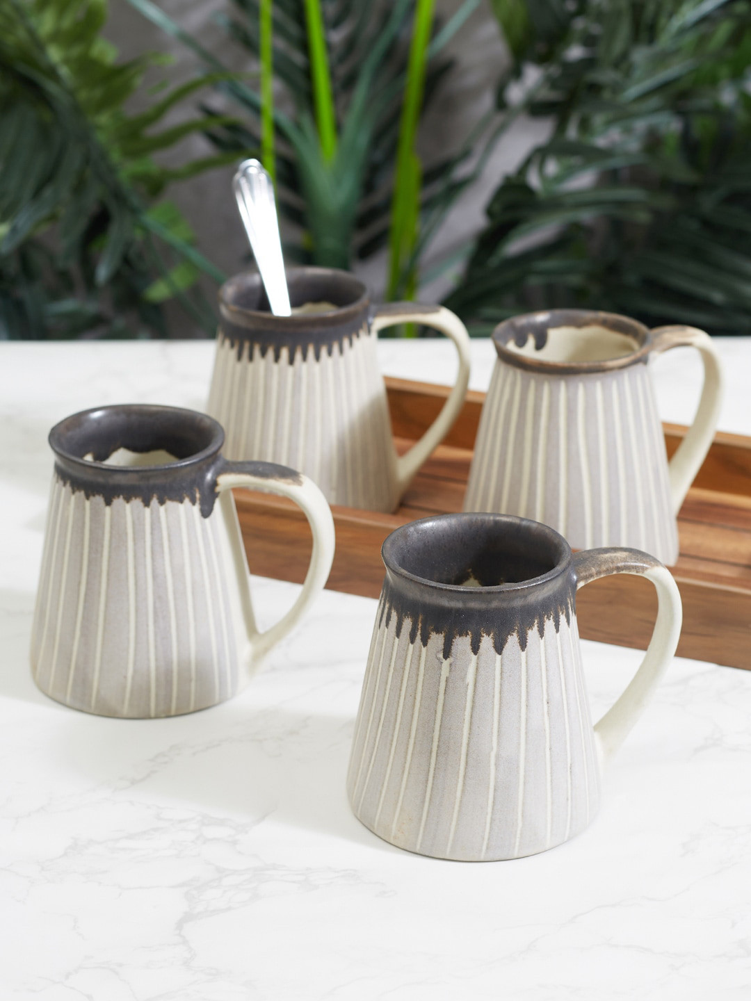 

HomeTown Fiesta Studio Pottery Groove Grey & White Set Of 4 Textured Ceramic Mugs