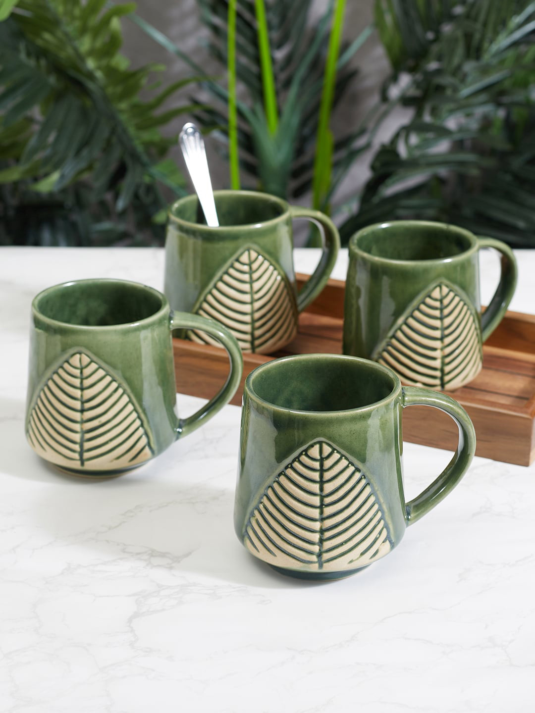 

HomeTown Fiesta Studio Pottery Argala Set Of 4 Printed Ceramic Mugs, Green