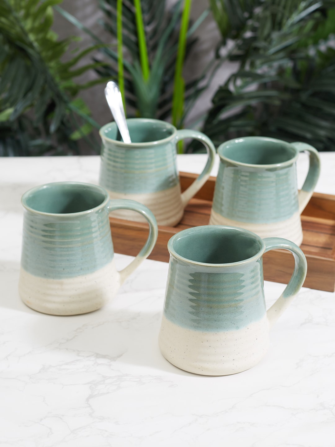 

HomeTown Fiesta Studio Pottery Sage Green & White Set of 4 mugs, Blue
