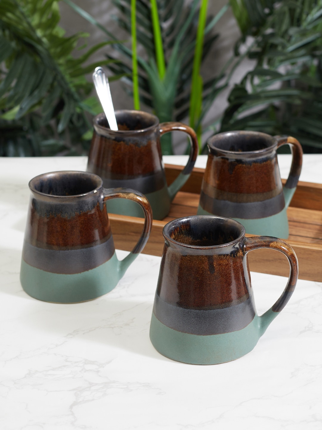 

HomeTown Fiesta Studio Pottery Earthen Green & Brown Set of 4 Ceramic Solid Mugs