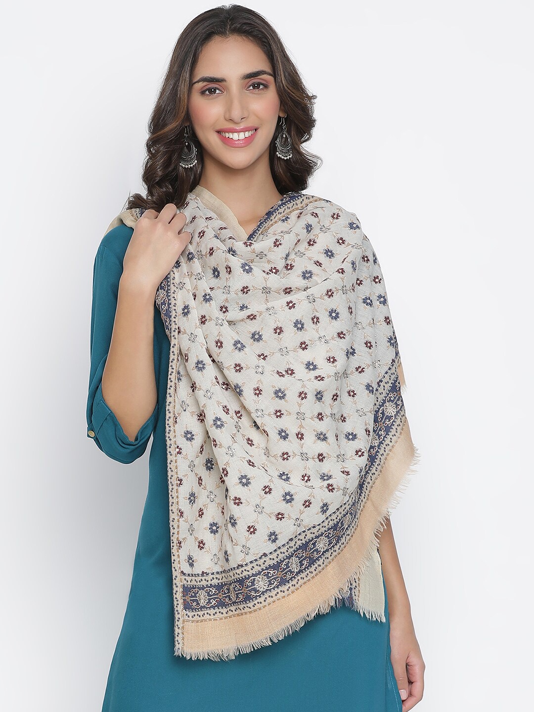 

SHINGORA Women Beige Embroidered Woolen Shawl