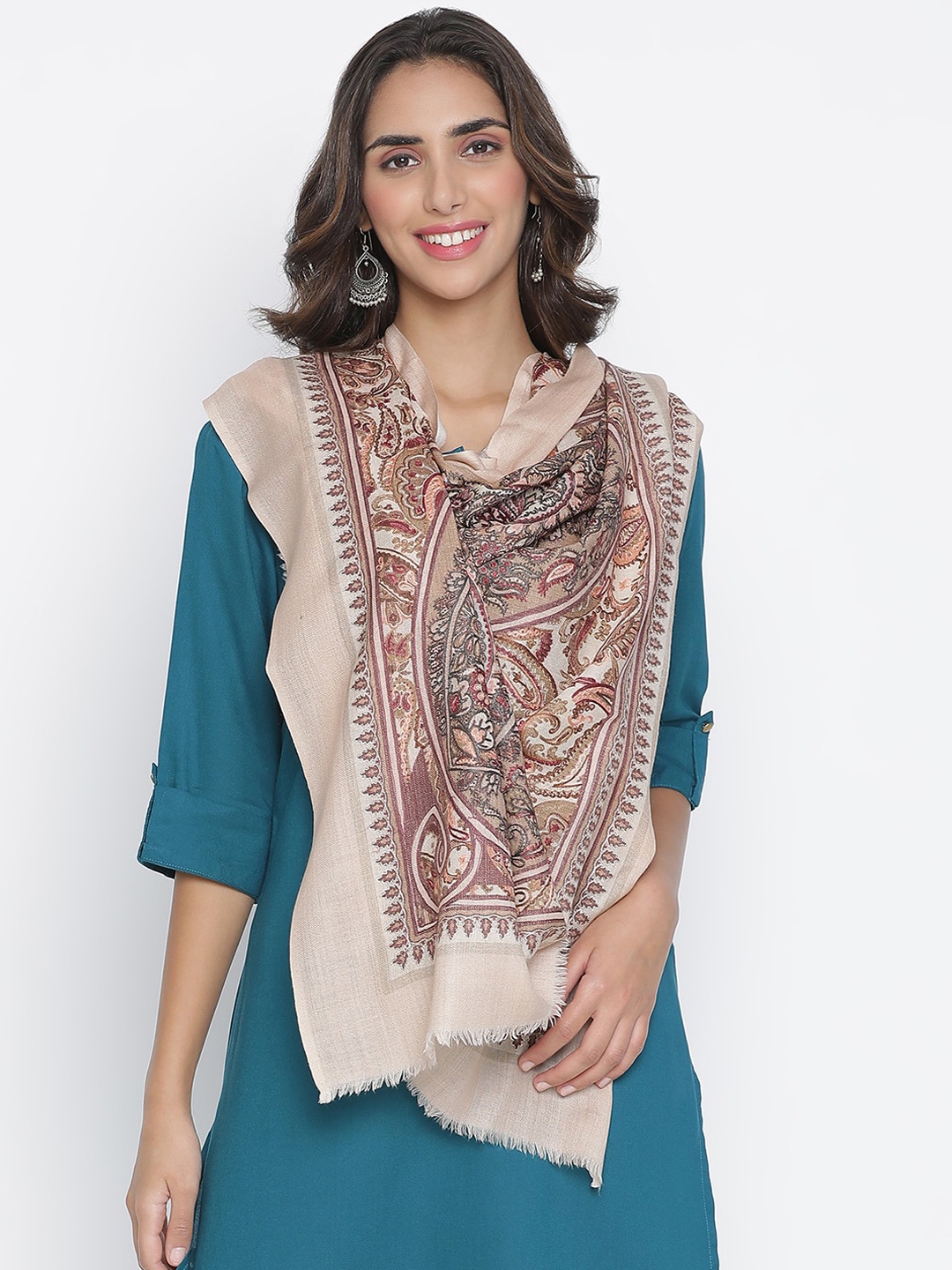 

SHINGORA Women Cream-Coloured & Brown Embroidered Woollen Shawl