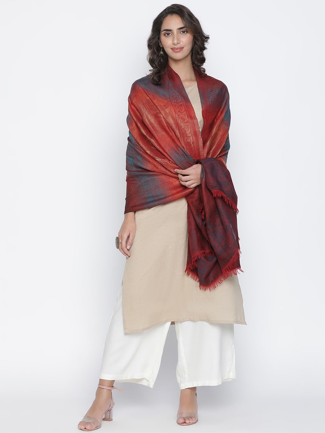

SHINGORA Women Maroon Woven-Design Abstract Fringed Border Shawl