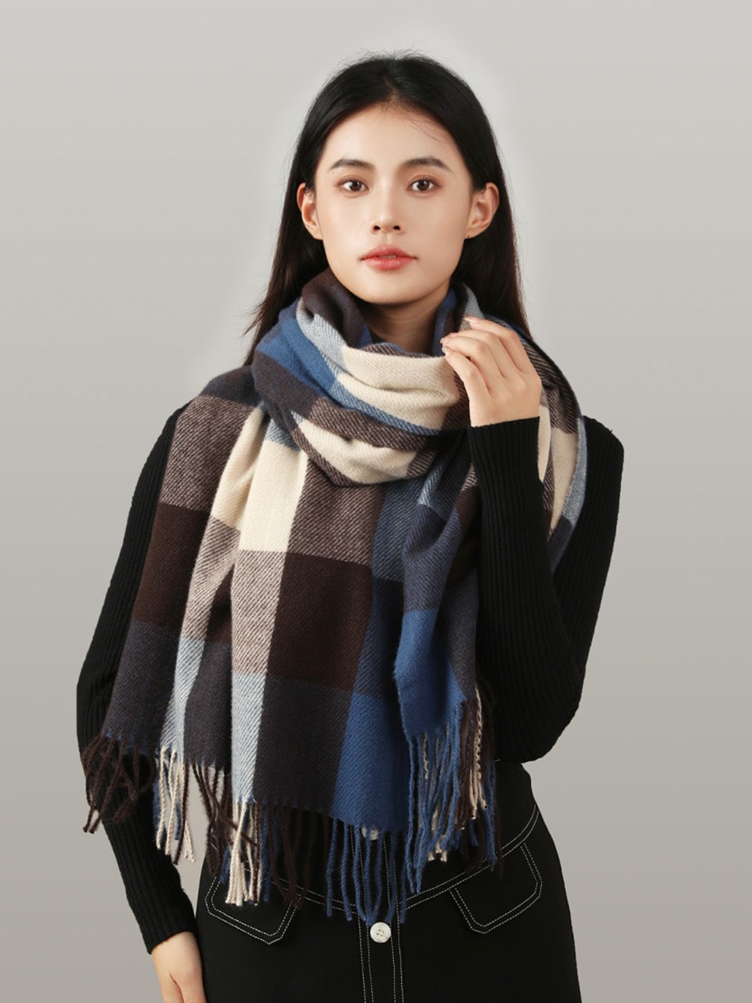 

JC Collection Women Blue & Coffee Brown Checked Scarf