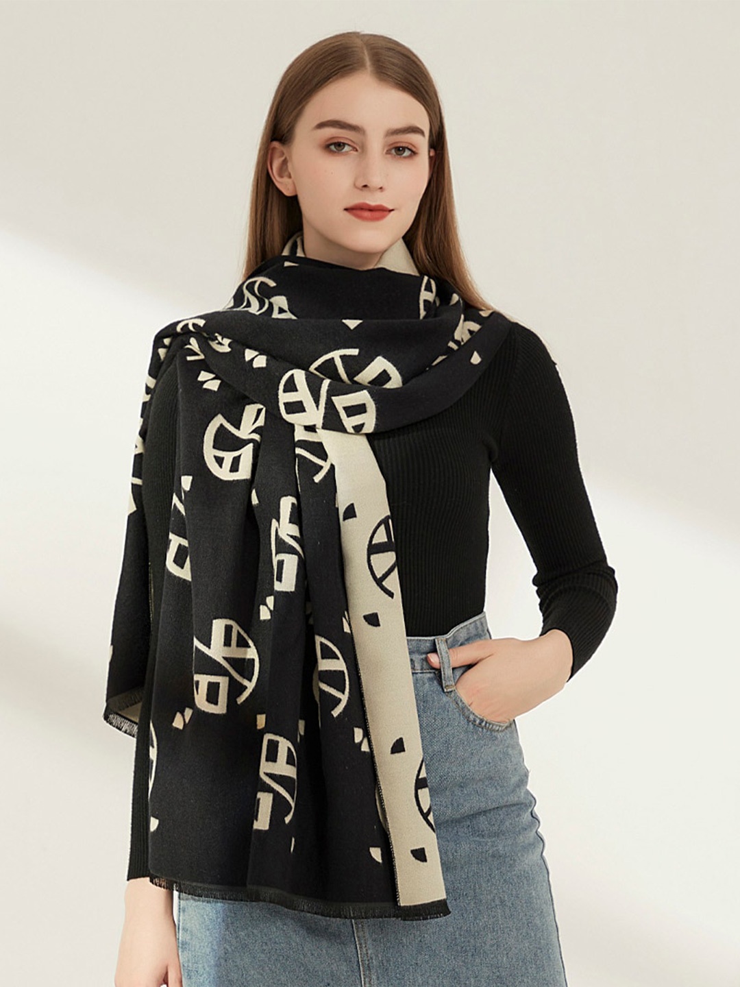 

JC Collection Women Black & Cream-Coloured Printed Scarf