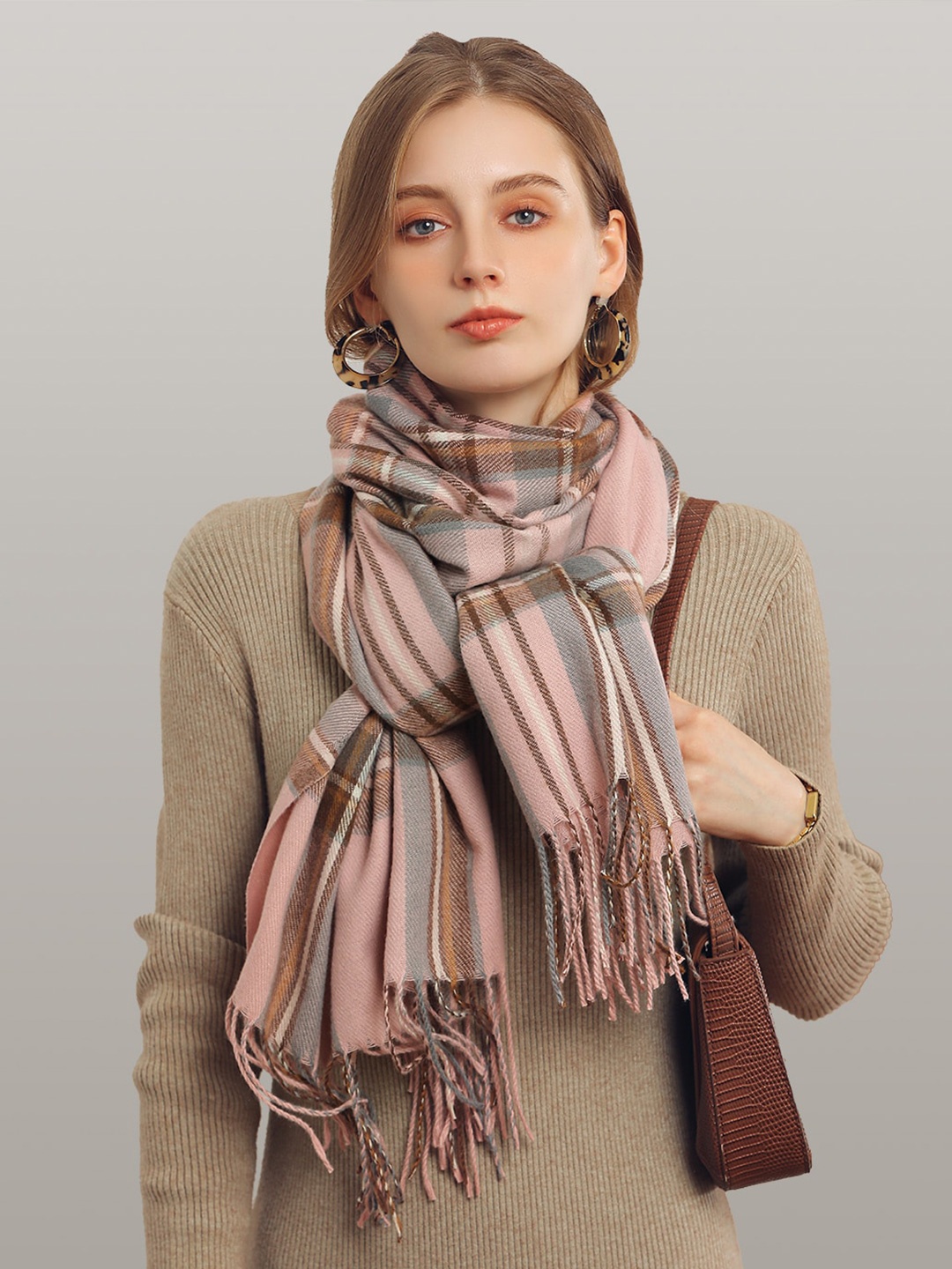 

JC Collection Women Pink & Grey Checked Scarf