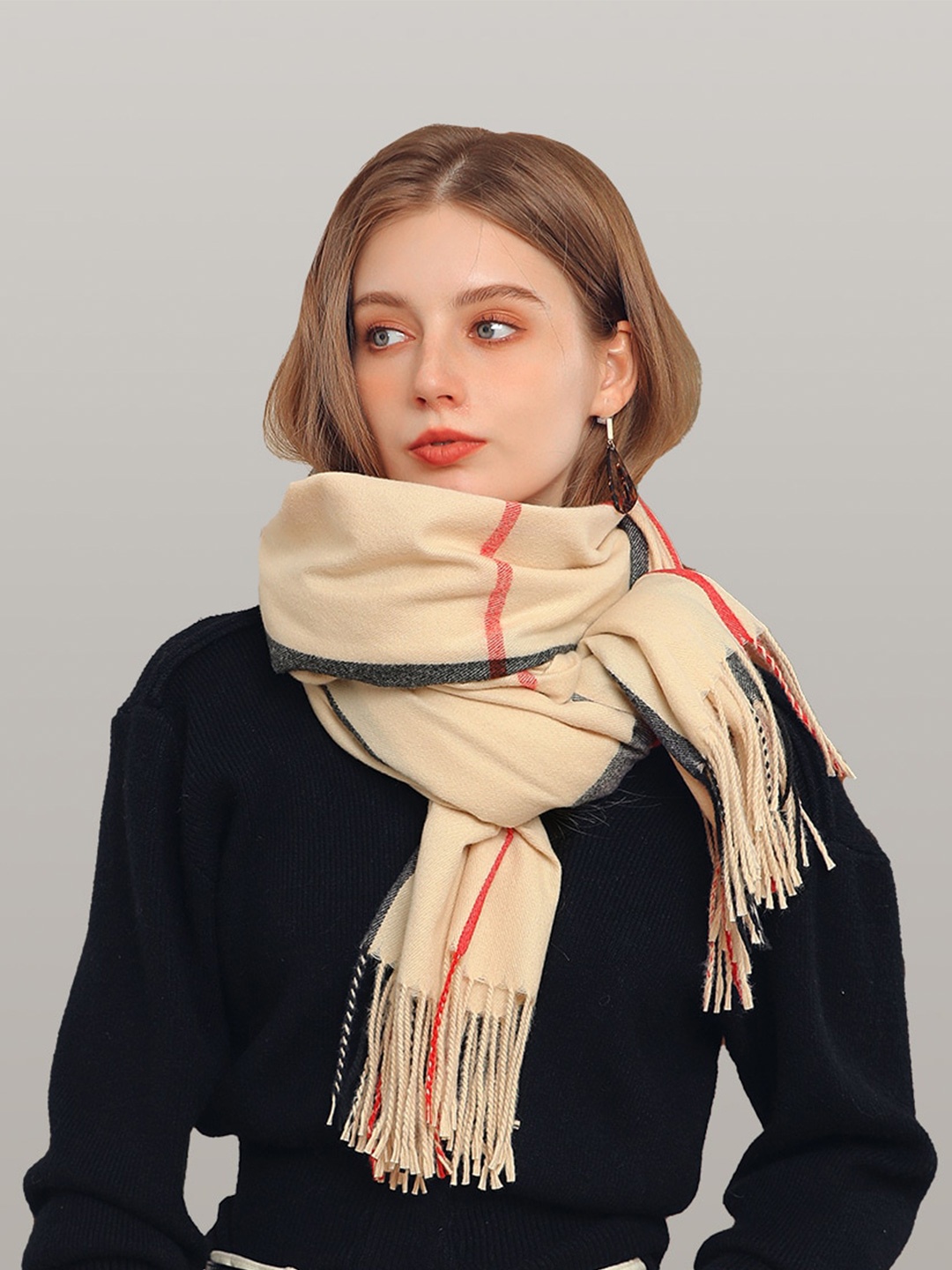 

JC Collection Women Cream-Coloured & Orange Checked Scarf