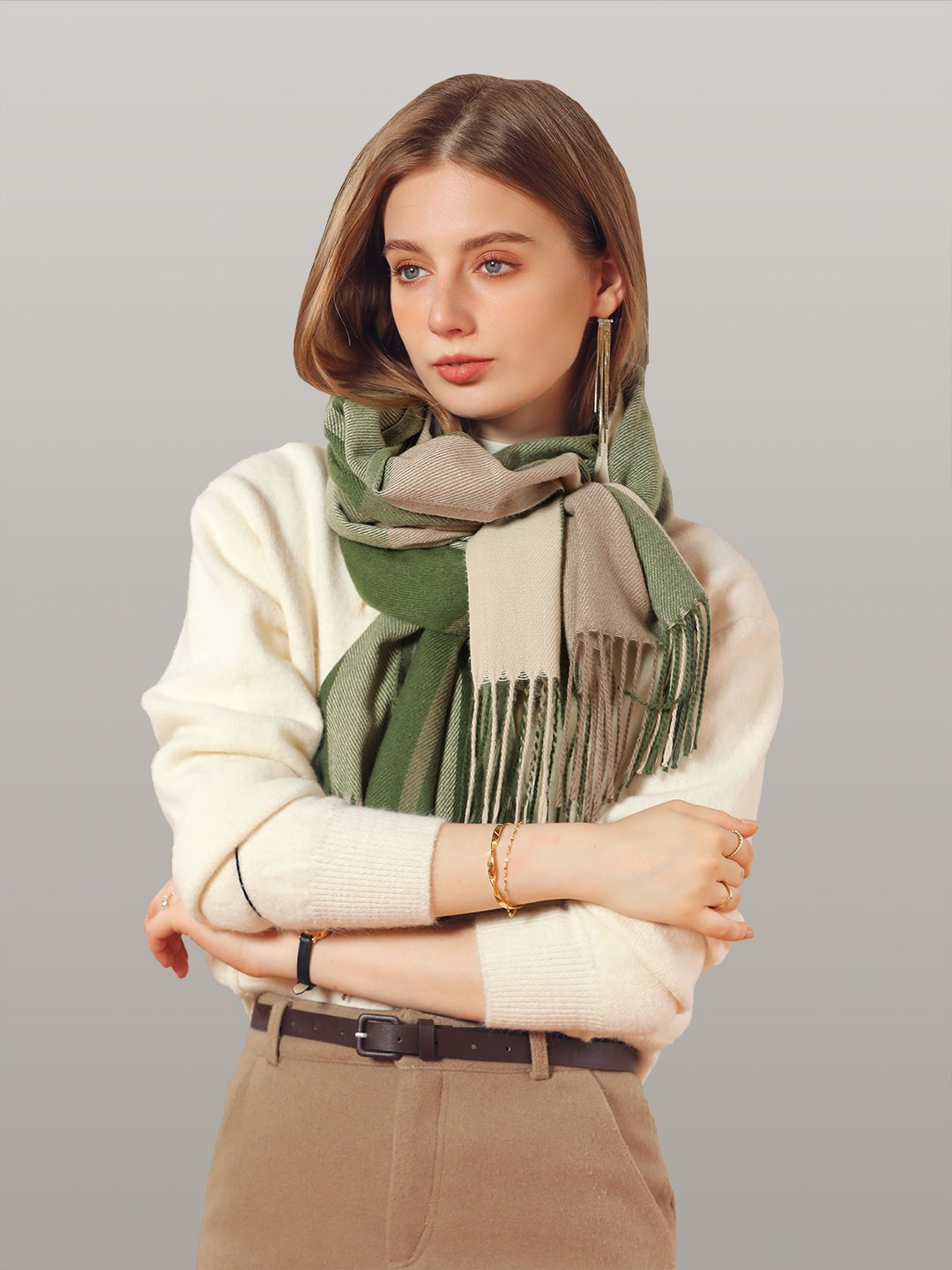 

JC Collection Women Green & Off White Checked Scarf