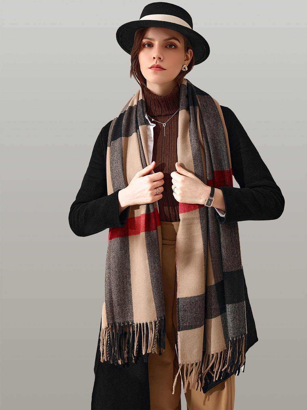 

JC Collection Women Camel Brown & Beige Checked Scarf