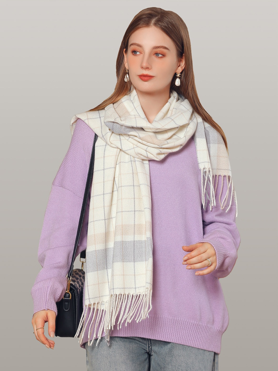 

JC Collection Women White & Grey Checked Scarf