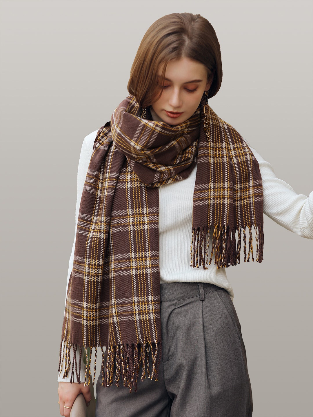 

JC Collection Women Khaki & Yellow Checked Scarf