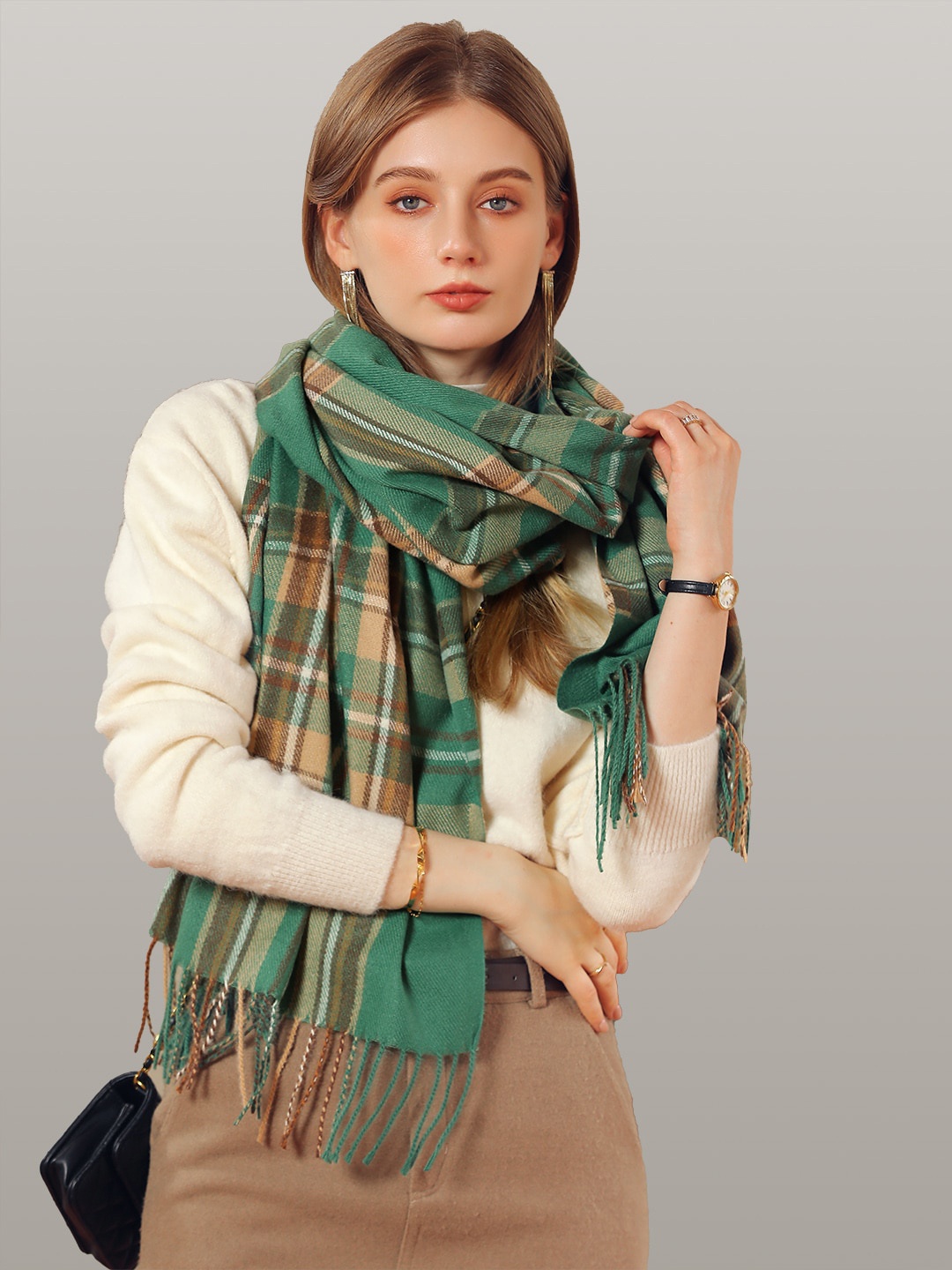 

JC Collection Women Green & White Checked Scarf