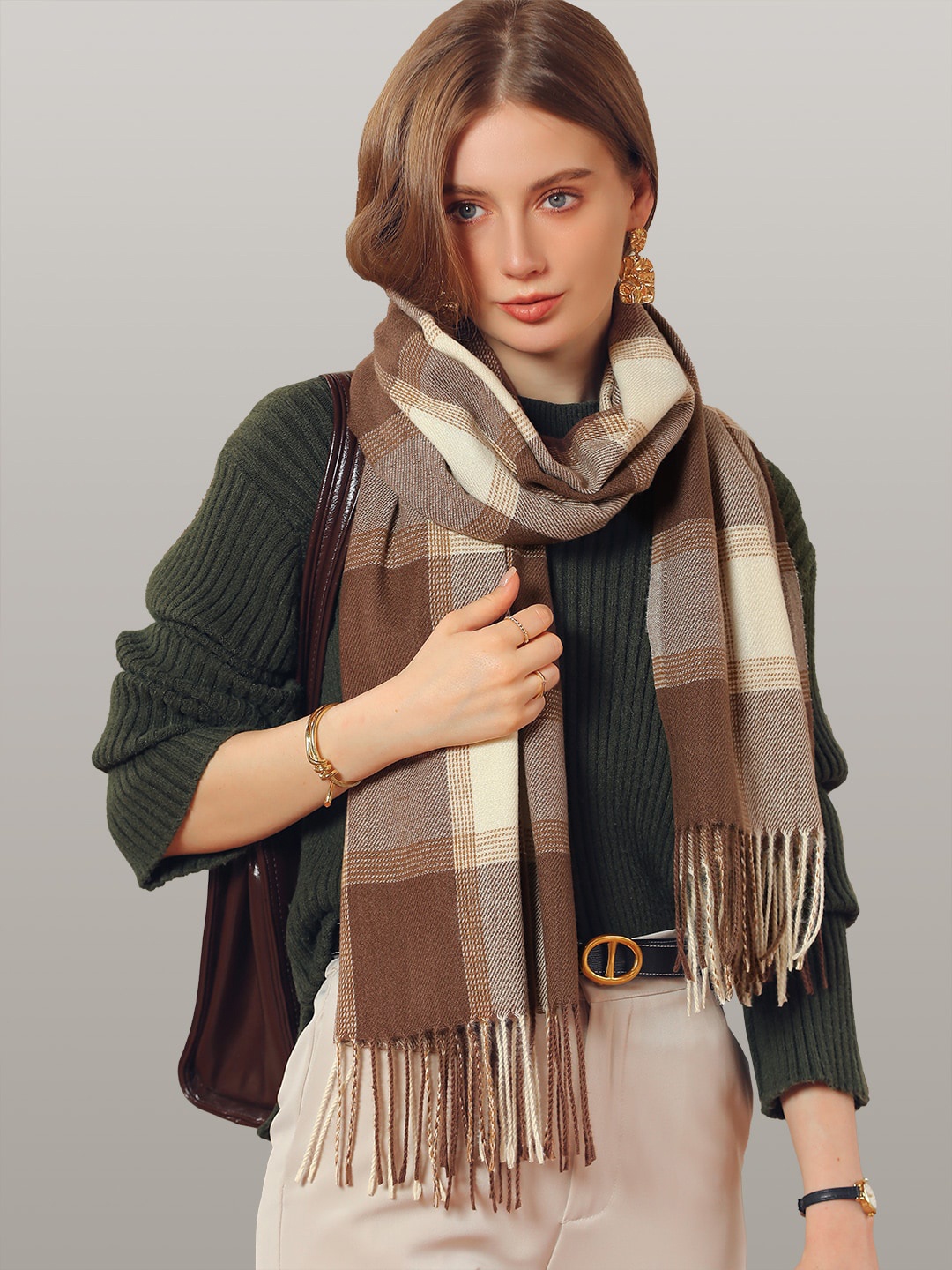 

JC Collection Women Khaki & Cream Checked Scarf