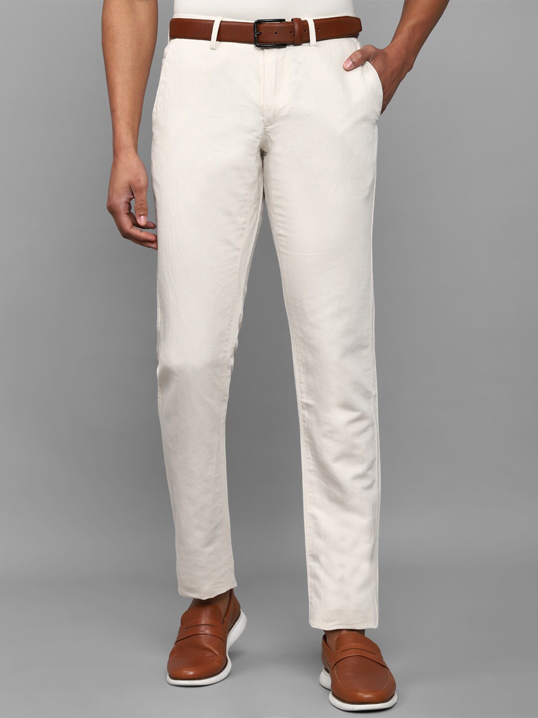 

Allen Solly Men Cream-Coloured Textured Slim Fit Trousers