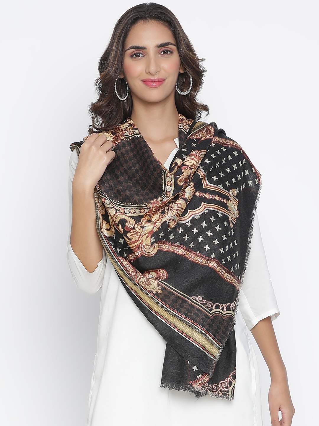 

SHINGORA Women Black & Beige Embroidered Wool Stole