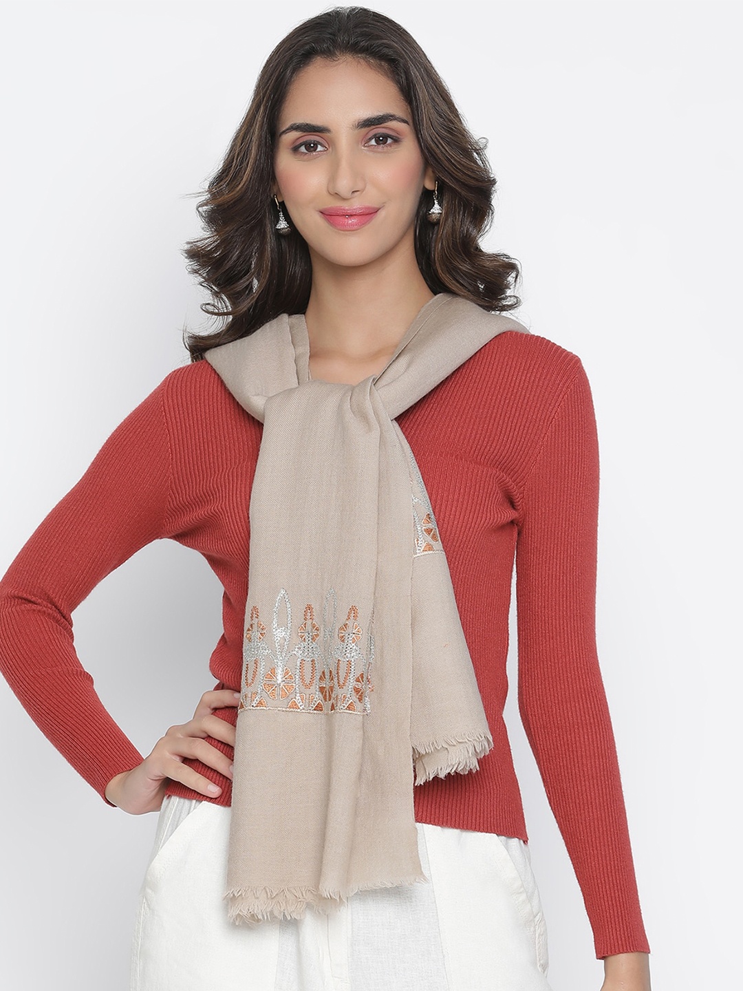 

SHINGORA Women Beige & Brown Embroidered Wool Stole
