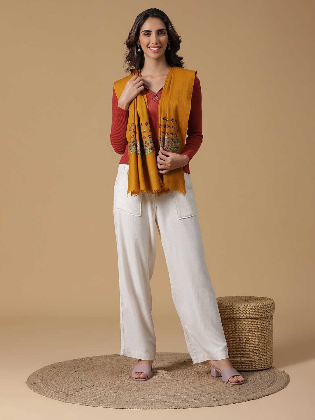 

SHINGORA Women Mustard & Green Embroidered Wool Stole