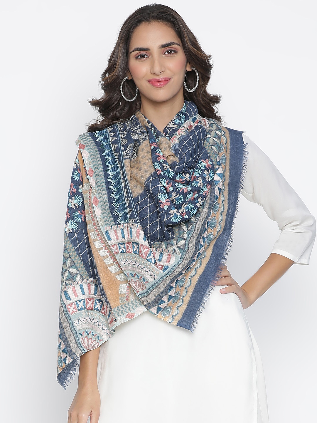 

SHINGORA Women Blue & Rust Embroidered Wool Stole