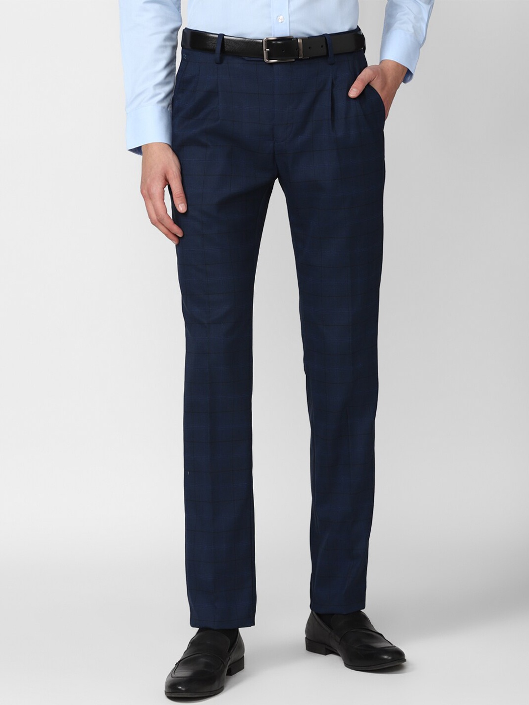 

Peter England Men Navy Blue Checked Slim Fit Pleated Trousers