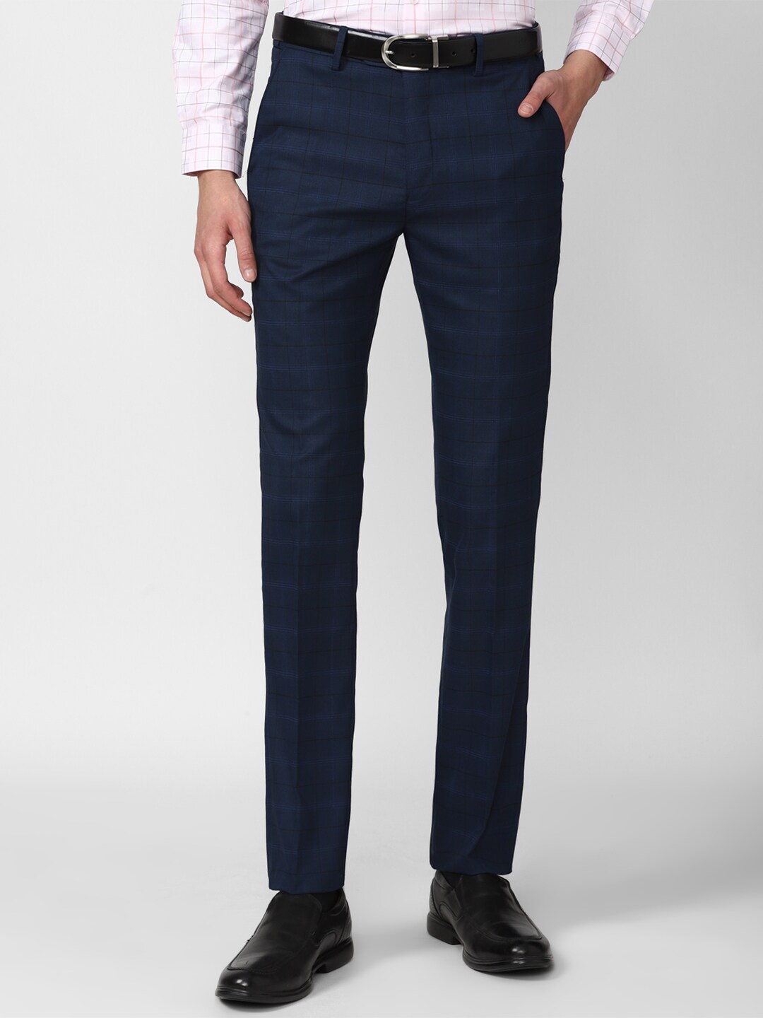 

Peter England Men Navy Blue Checked Slim Fit Trousers