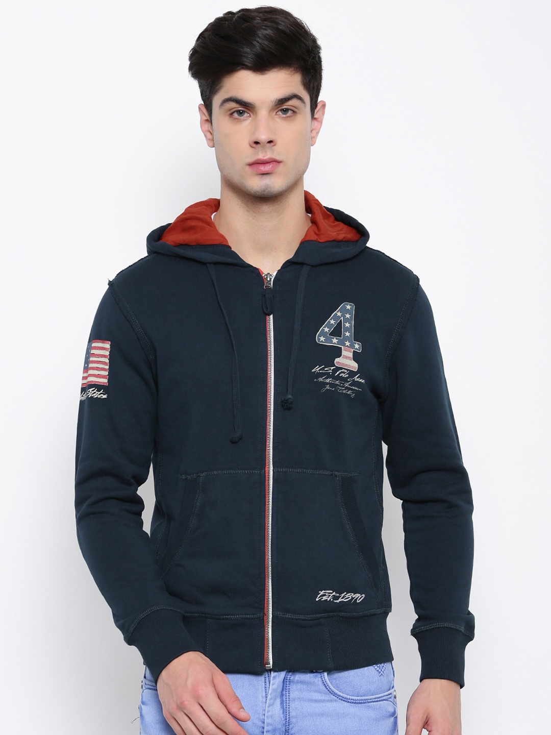 

U.S. Polo Assn. Men Navy Blue Solid Hooded Sweatshirt