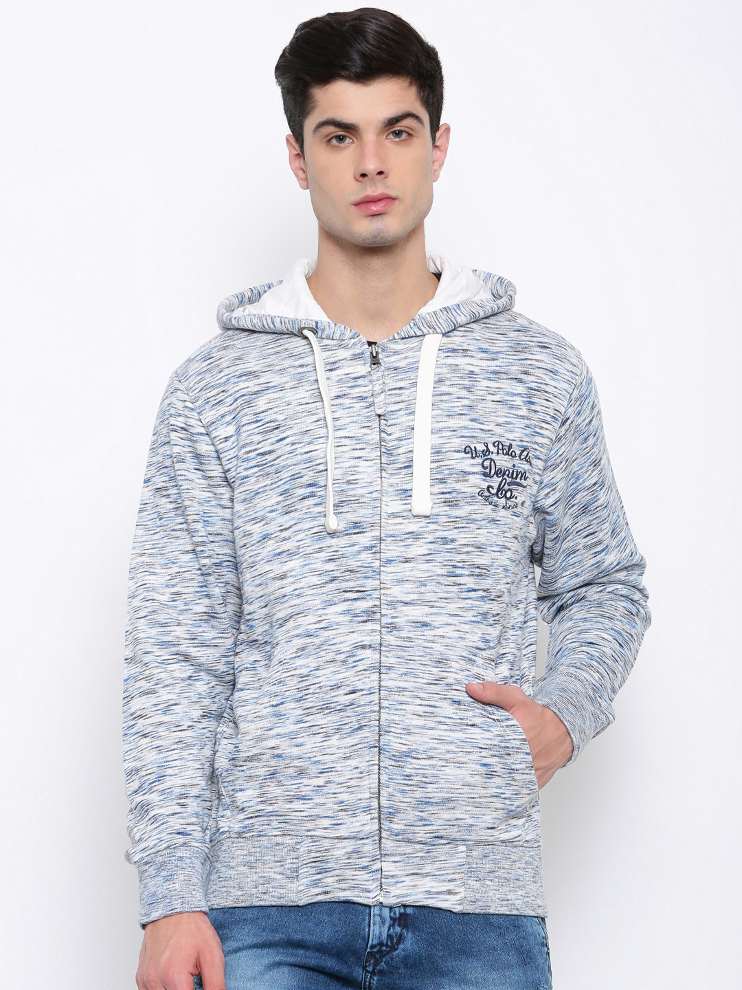

U.S. Polo Assn. Denim Co. Men Blue & Off-White Self Design Hooded Sweatshirt