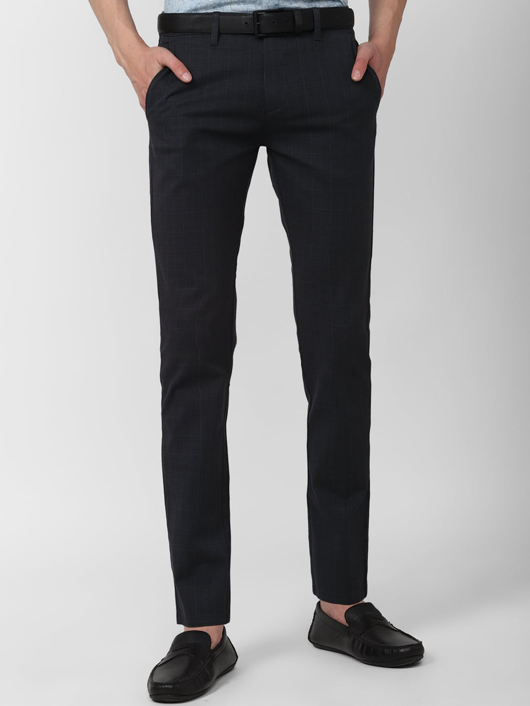 

V Dot Men Navy Blue Checked Slim Fit Trousers