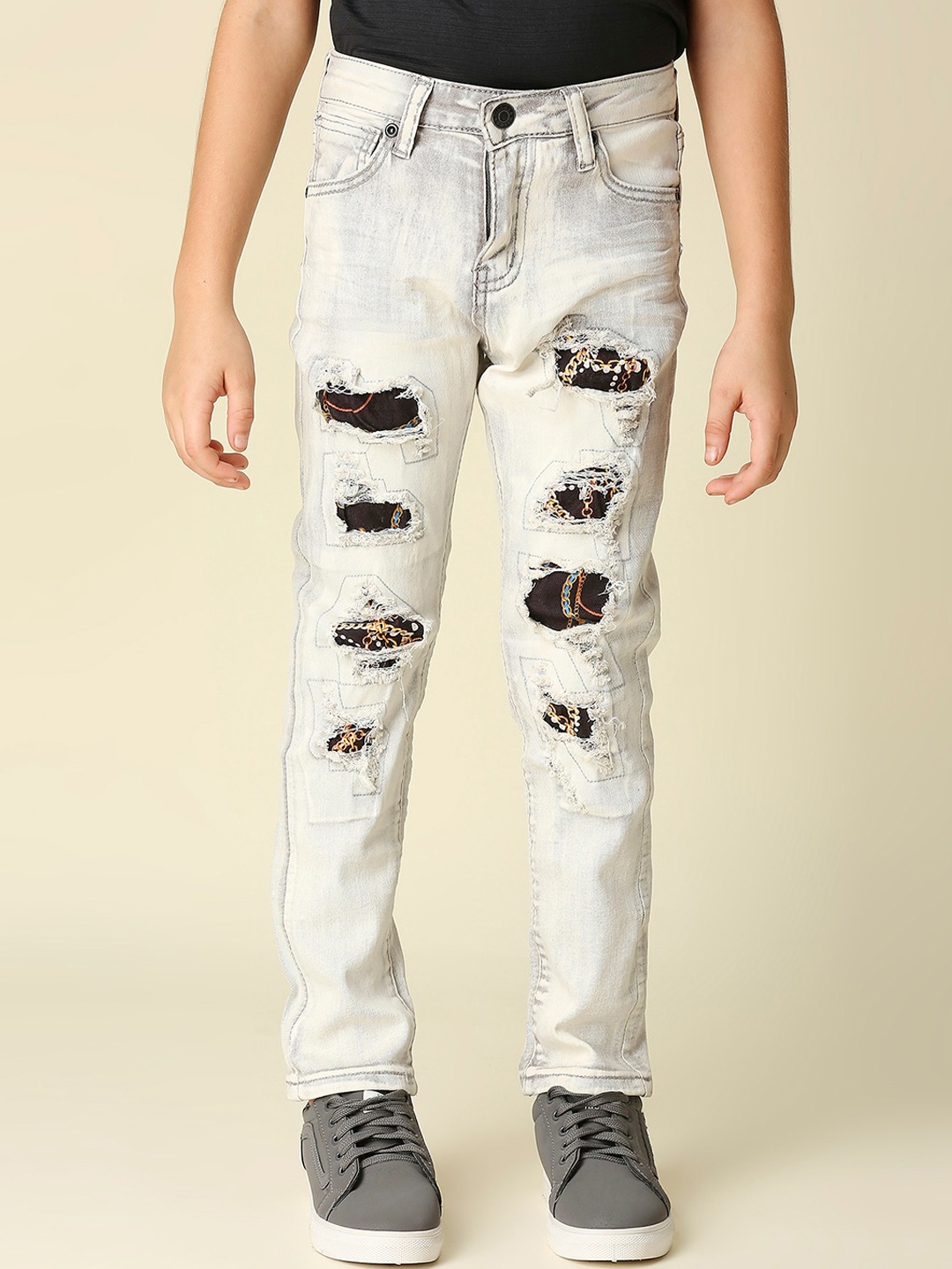 

WAIMEA Boys Grey Comfort Slim Fit Highly Distressed Heavy Fade Bleached Stretchable Jeans