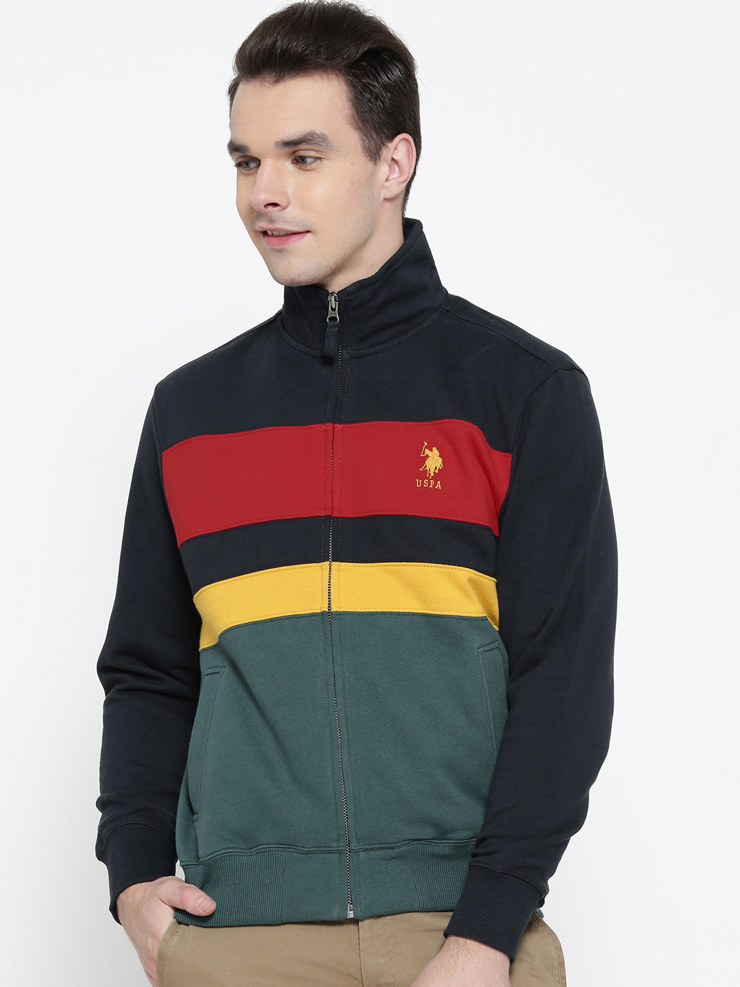 

U.S. Polo Assn. Men Navy & Green Colourblocked Sweatshirt, Navy blue