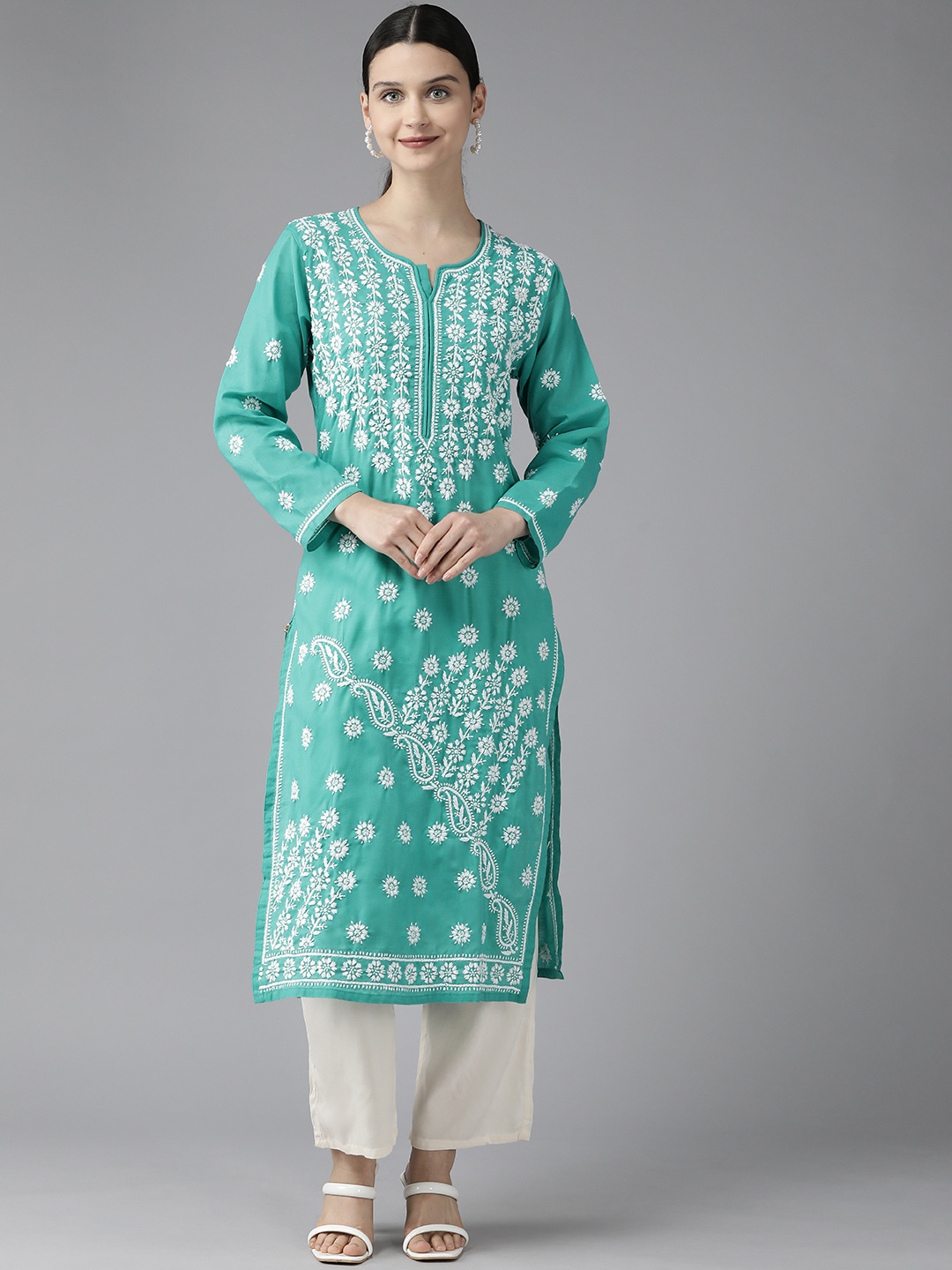 

ADA Women Green & White Ethnic Motifs Embroidered Chikankari Kurta
