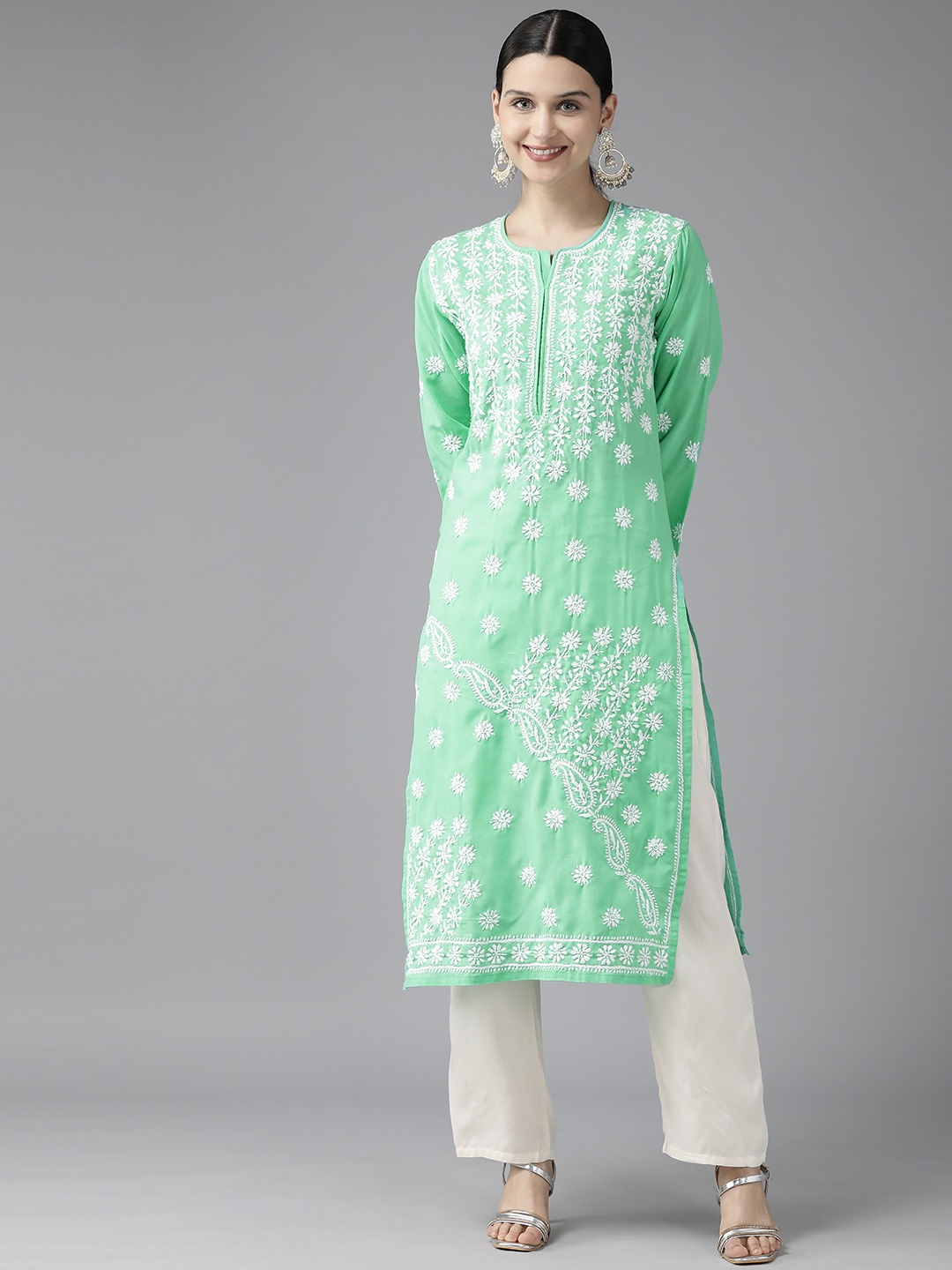 

ADA Women Sea Green & White Ethnic Motifs Embroidered Chikankari Kurta