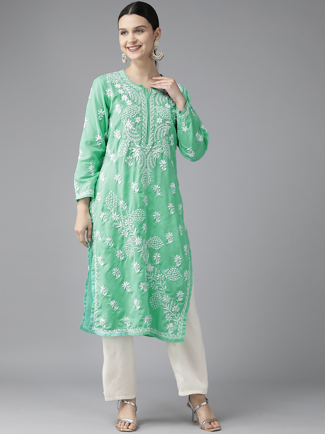 

ADA Women Sea Green & White Ethnic Motifs Embroidered Chikankari Kurta