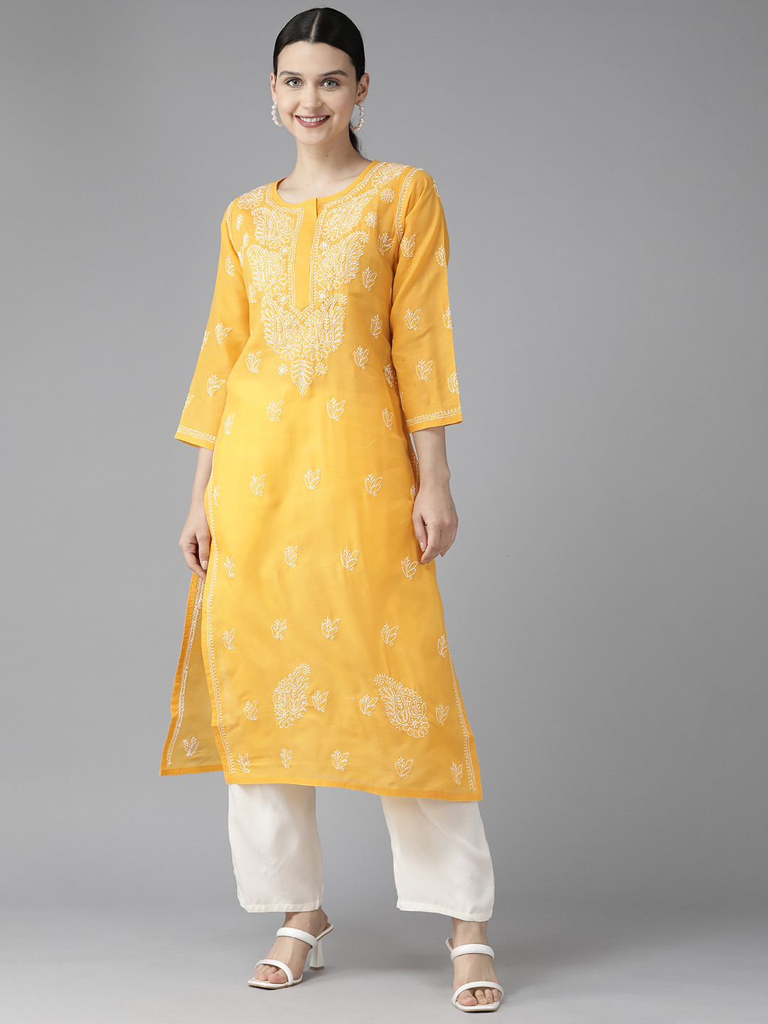 

ADA Women Mustard Yellow Ethnic Motifs Embroidered Chikankari Kurta