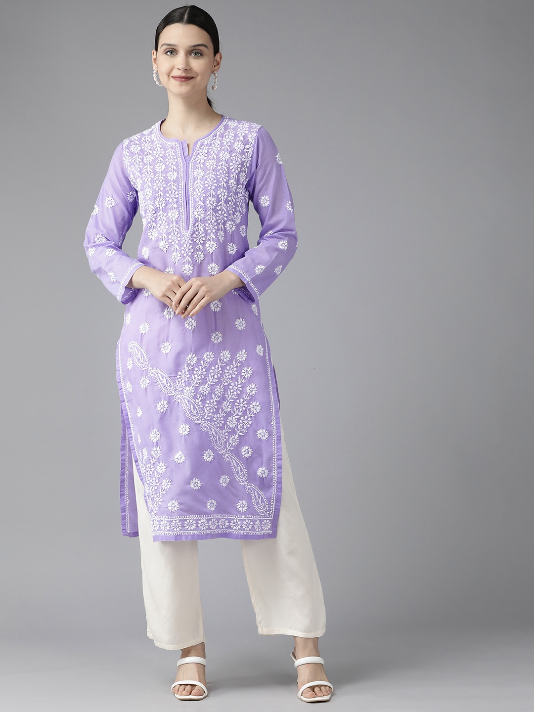 

ADA Women Mauve & White Ethnic Motifs Embroidered Chikankari Kurta