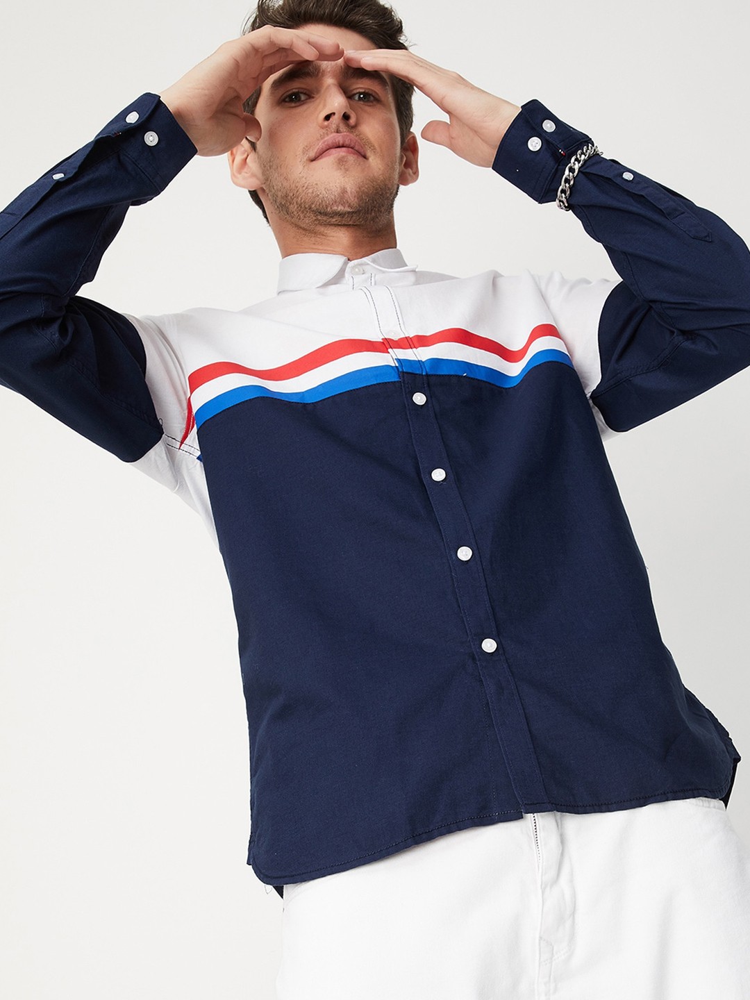 

max Men Navy Blue Colourblocked Cotton Casual Shirt