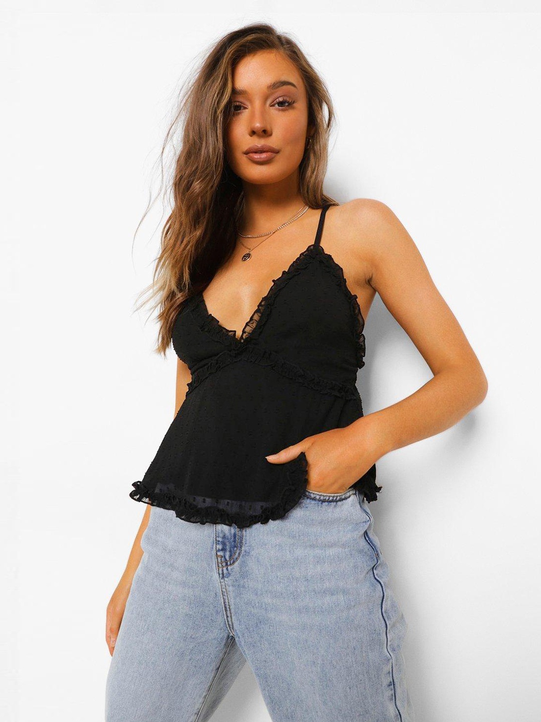

Boohoo Black Shoulder Strap Dobby Weave A-Line Top