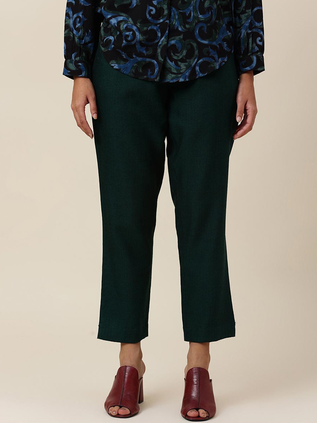 

Fabindia Women Green Solid Trousers