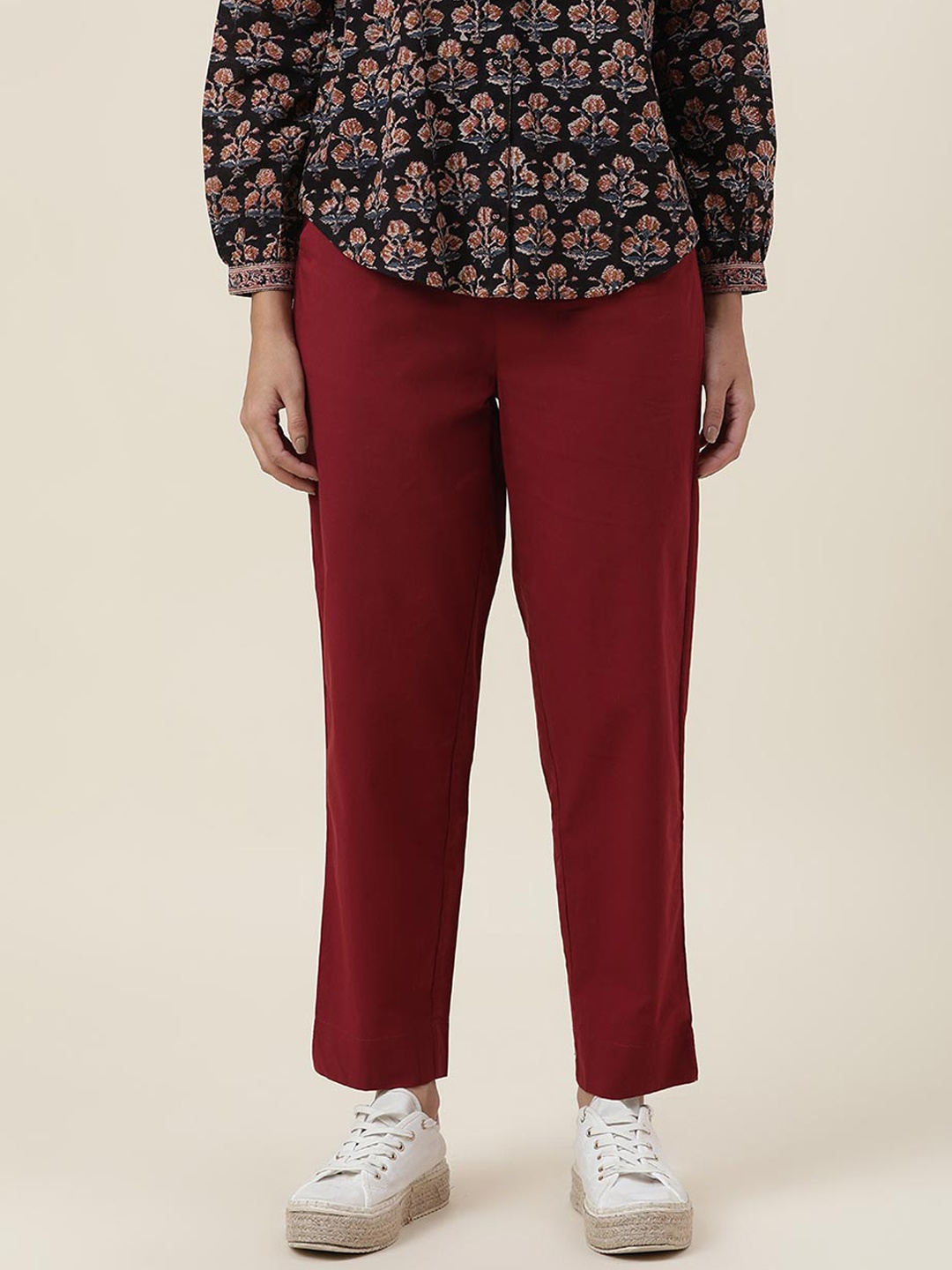 

Fabindia Women Maroon Cotton Solid Comfort Trousers